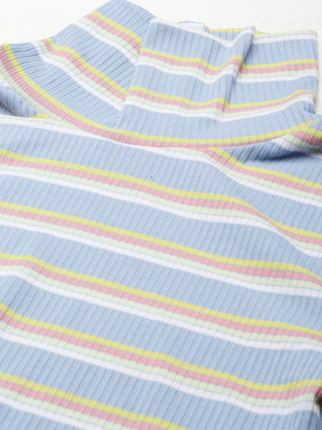 Women's Blue Striped Turtle Neck Fitted Top