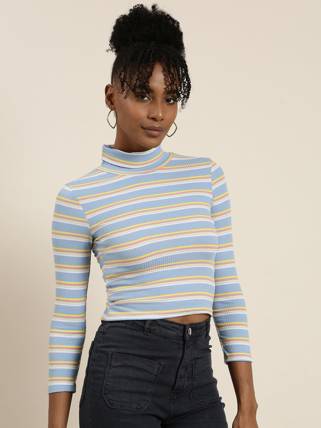Women's Blue Striped Turtle Neck Fitted Top