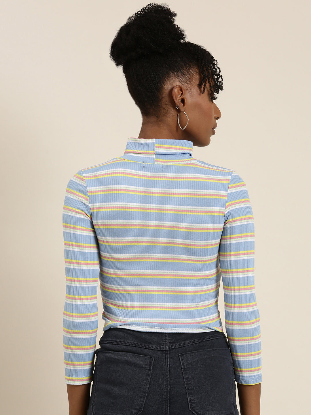 Women's Blue Striped Turtle Neck Fitted Top