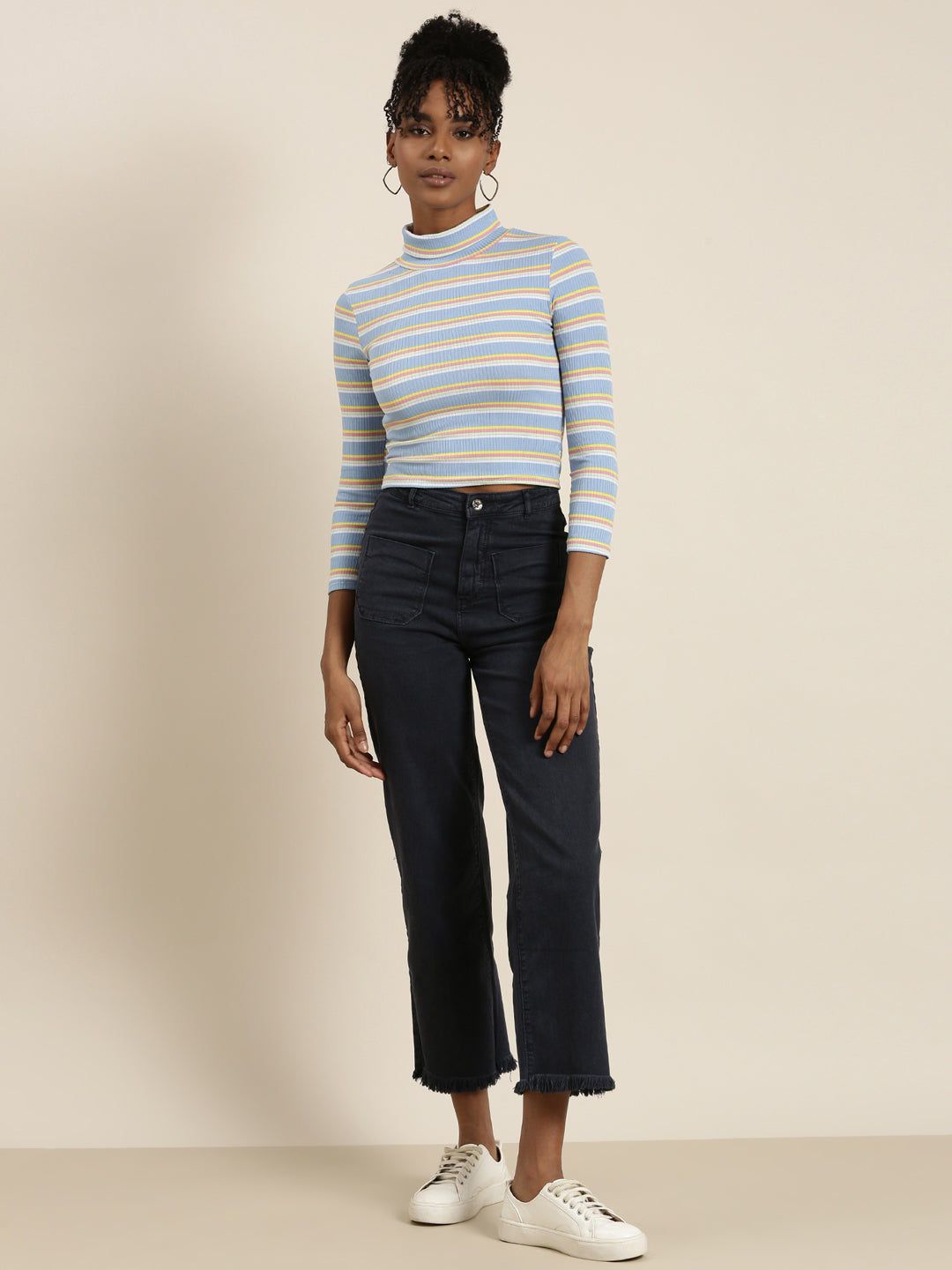 Women's Blue Striped Turtle Neck Fitted Top