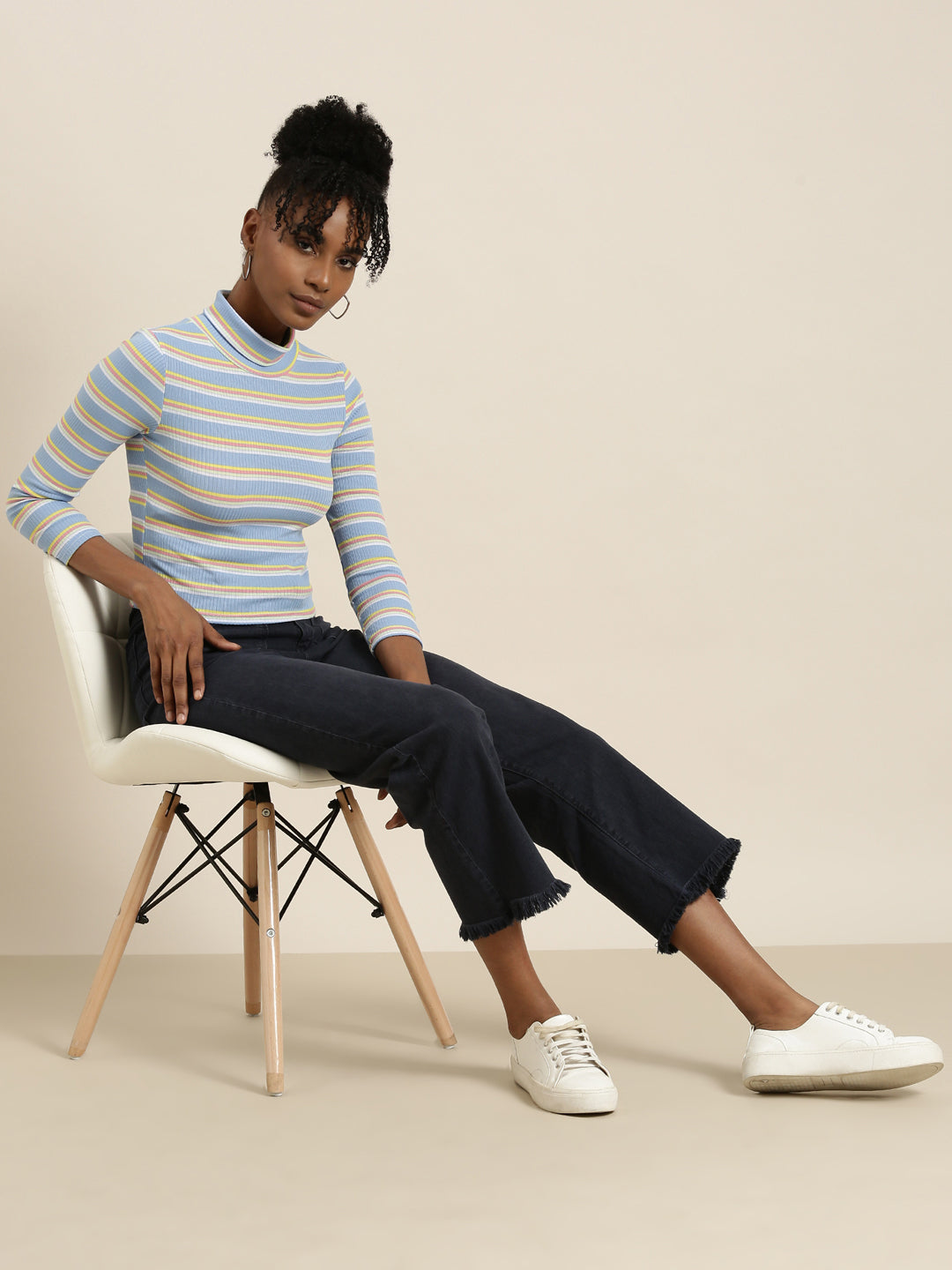 Women's Blue Striped Turtle Neck Fitted Top