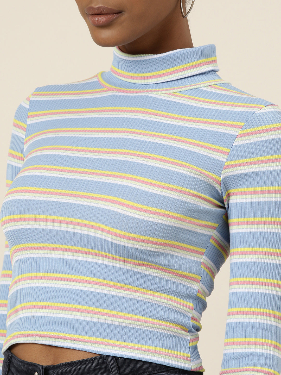 Women's Blue Striped Turtle Neck Fitted Top