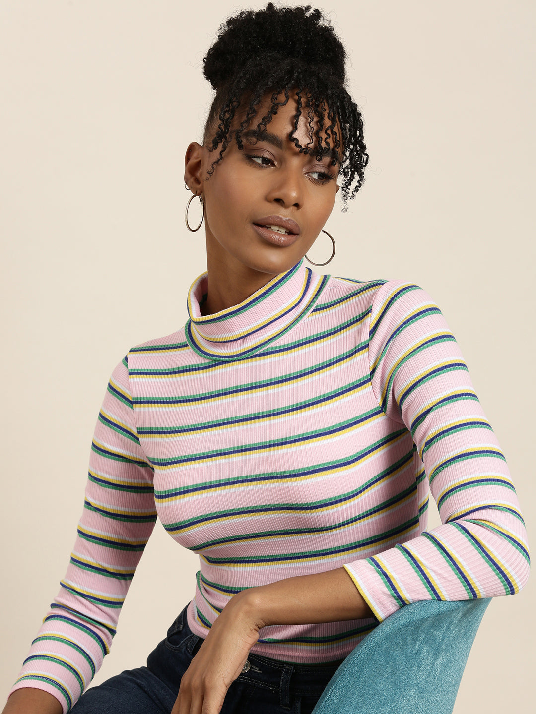 Women's Pink Striped Acrylic Regular Top