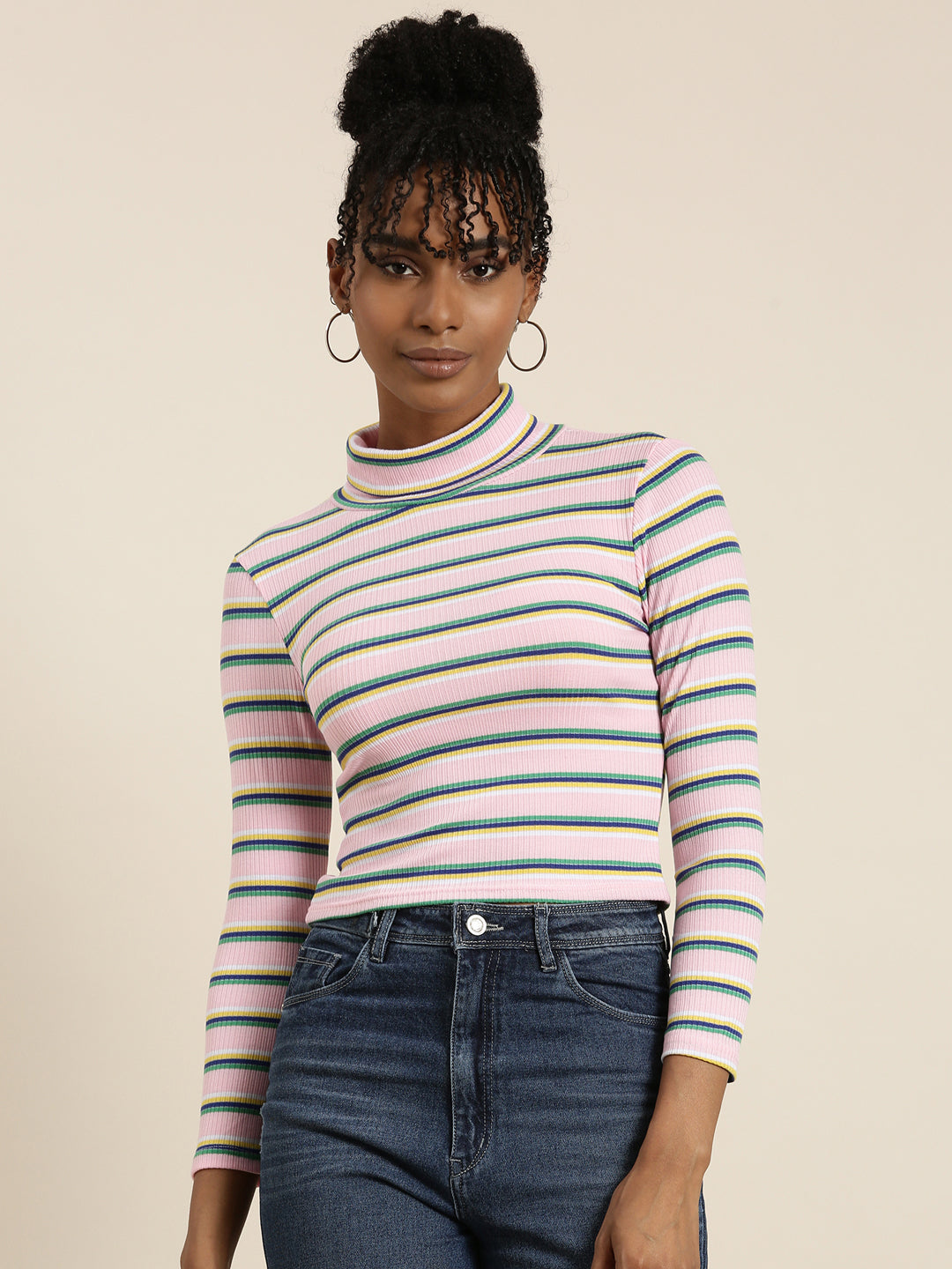 Women's Pink Striped Acrylic Regular Top