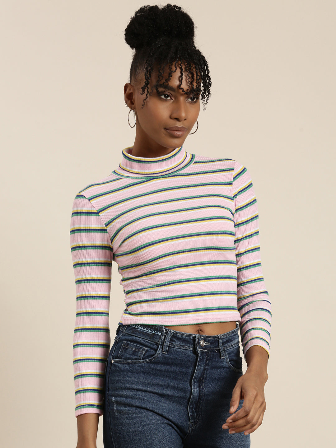Women's Pink Striped Acrylic Regular Top