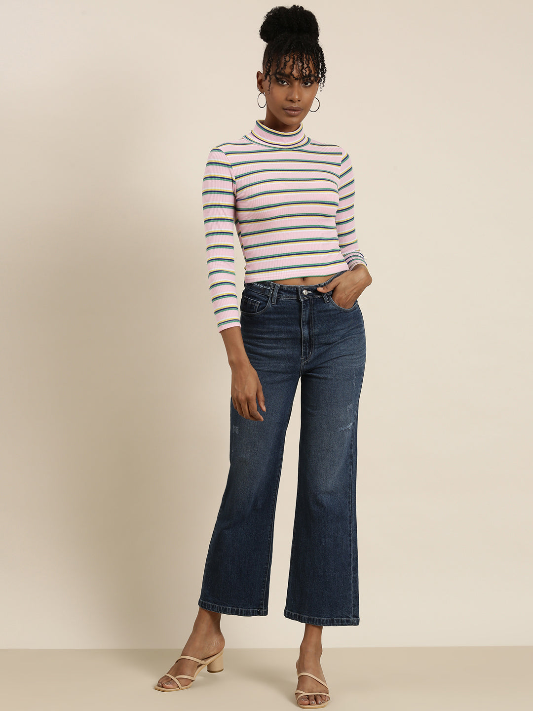 Women's Pink Striped Acrylic Regular Top