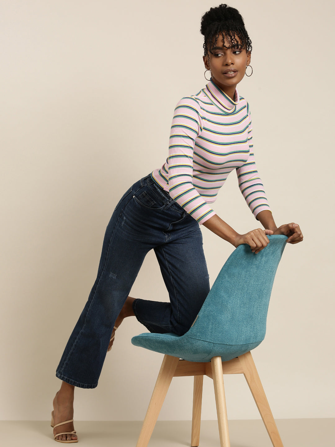 Women's Pink Striped Acrylic Regular Top