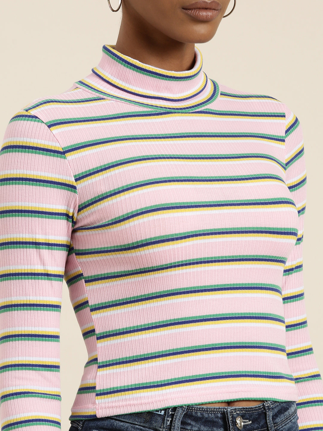 Women's Pink Striped Acrylic Regular Top