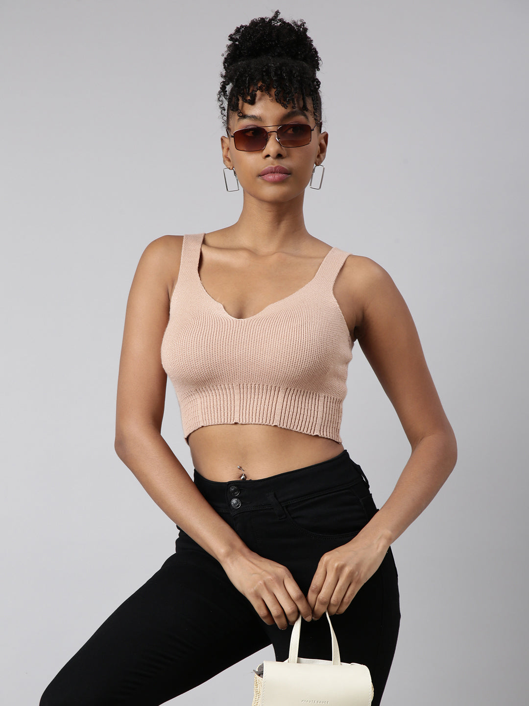 Women Beige Solid Bralette Crop Top