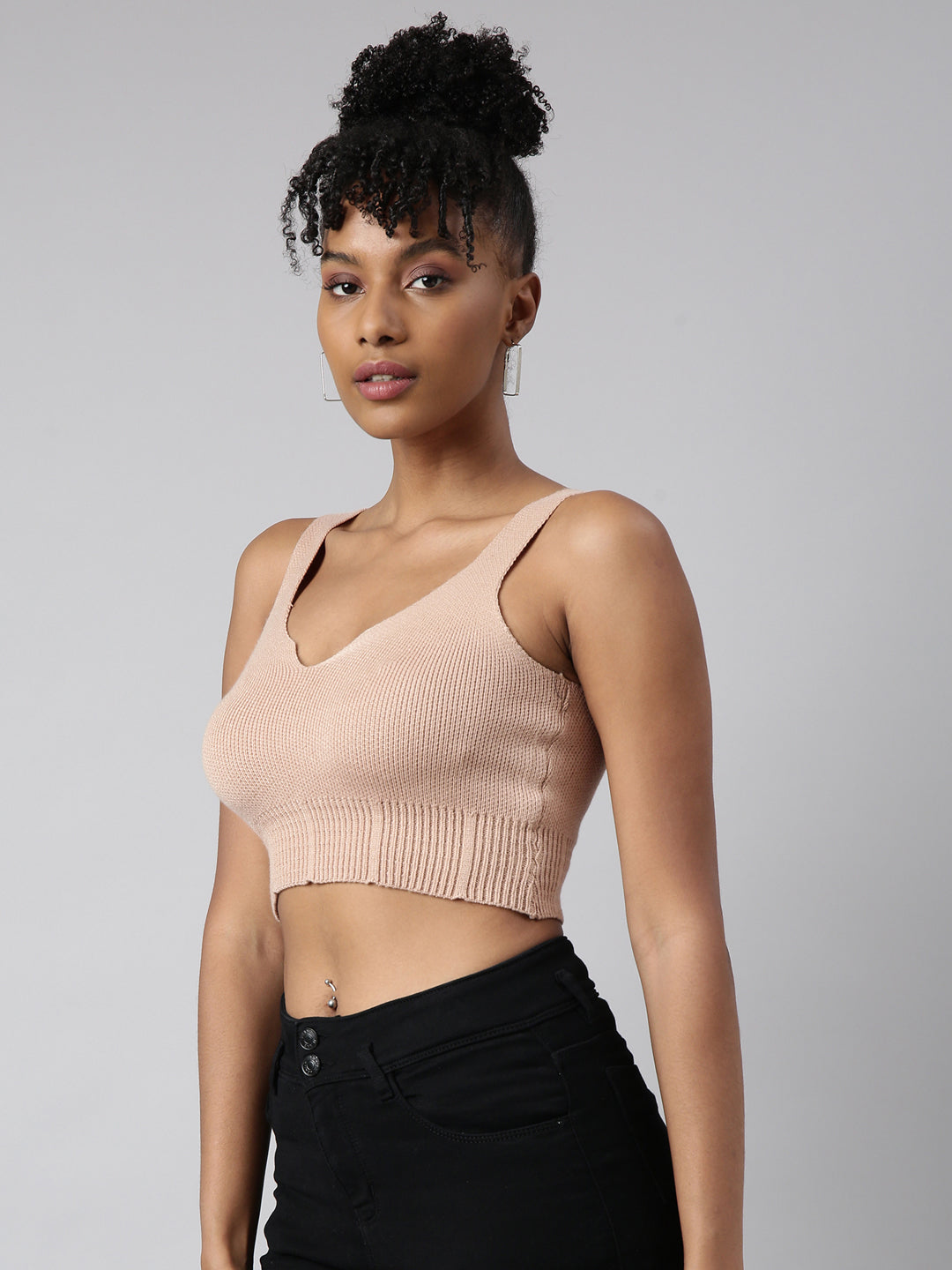 Women Beige Solid Bralette Crop Top