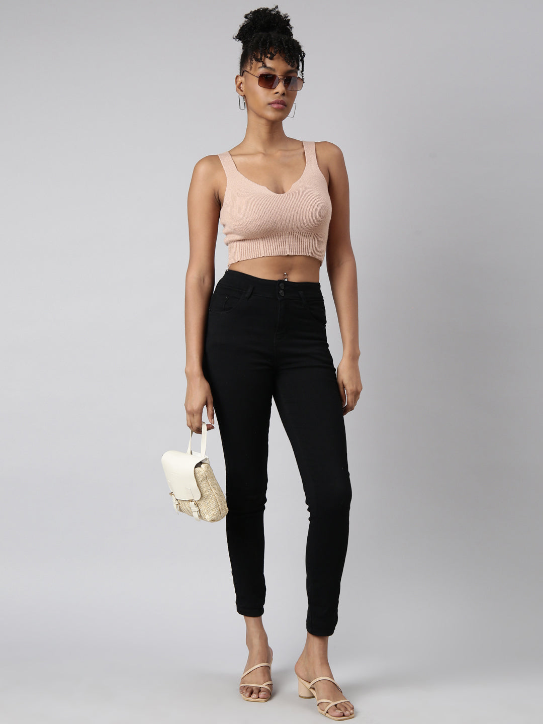 Women Beige Solid Bralette Crop Top