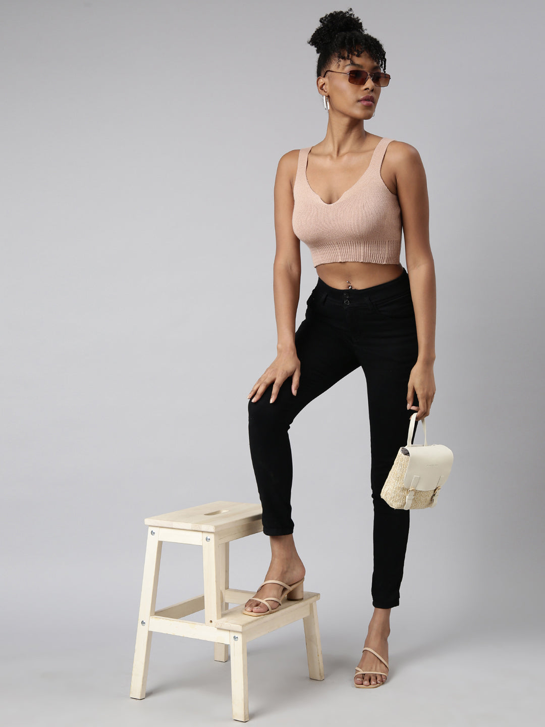 Women Beige Solid Bralette Crop Top