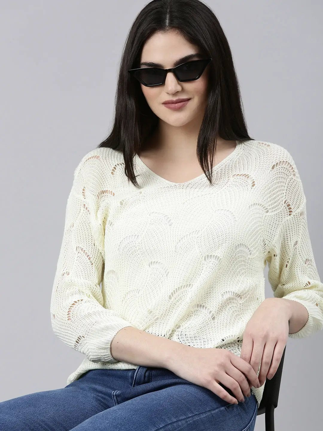 Women's V-Neck Self Design Cream Regular Top