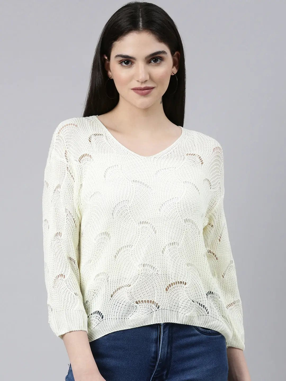 Women's V-Neck Self Design Cream Regular Top