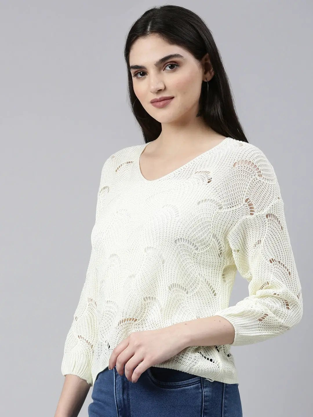 Women's V-Neck Self Design Cream Regular Top