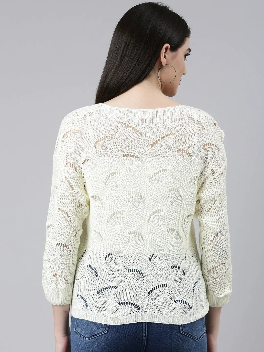 Women's V-Neck Self Design Cream Regular Top