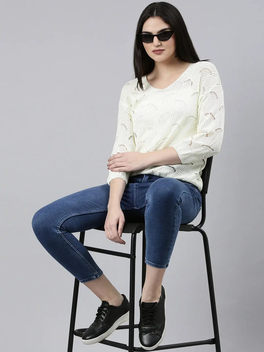 Women's V-Neck Self Design Cream Regular Top