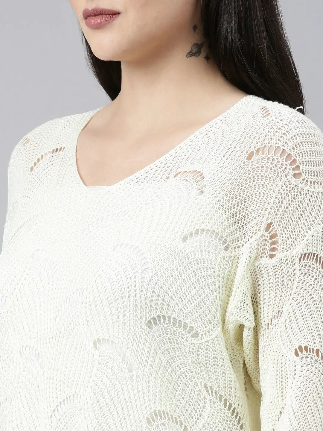 Women's V-Neck Self Design Cream Regular Top