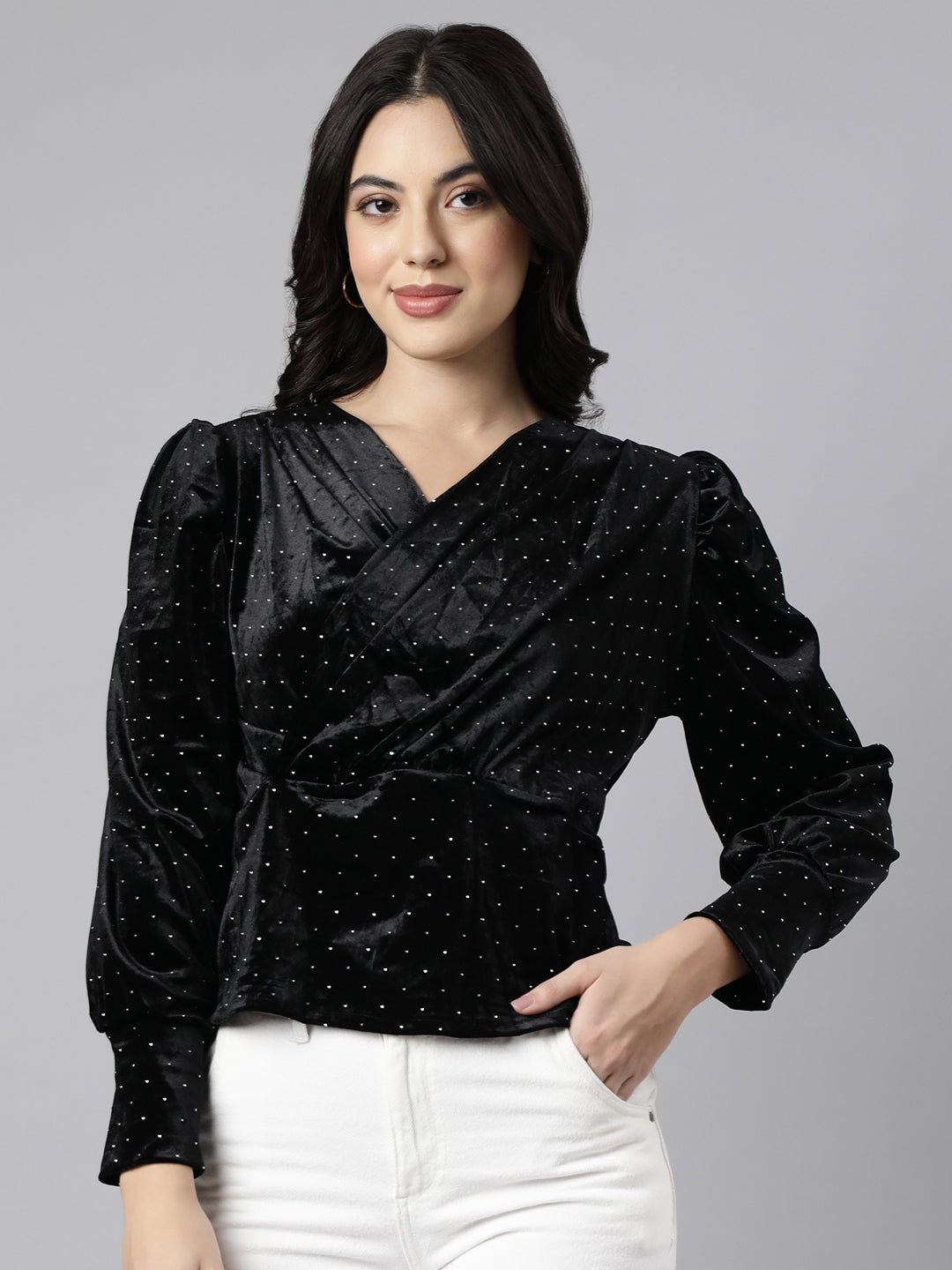 Women Solid Black Empire Top