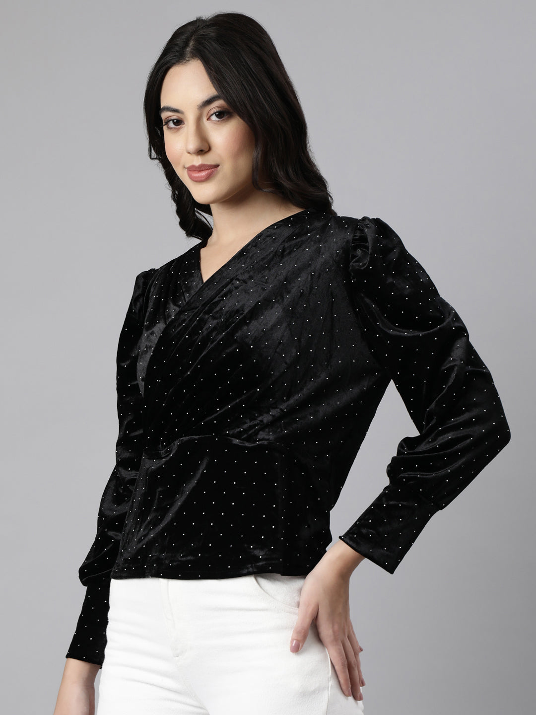 Women Solid Black Empire Top