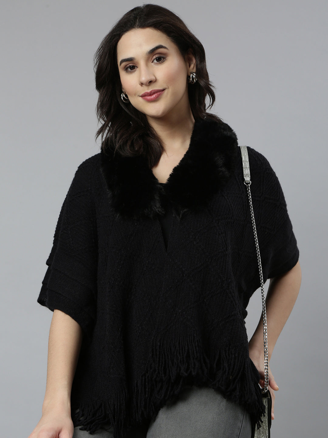 Women Chevron Longline Black Poncho