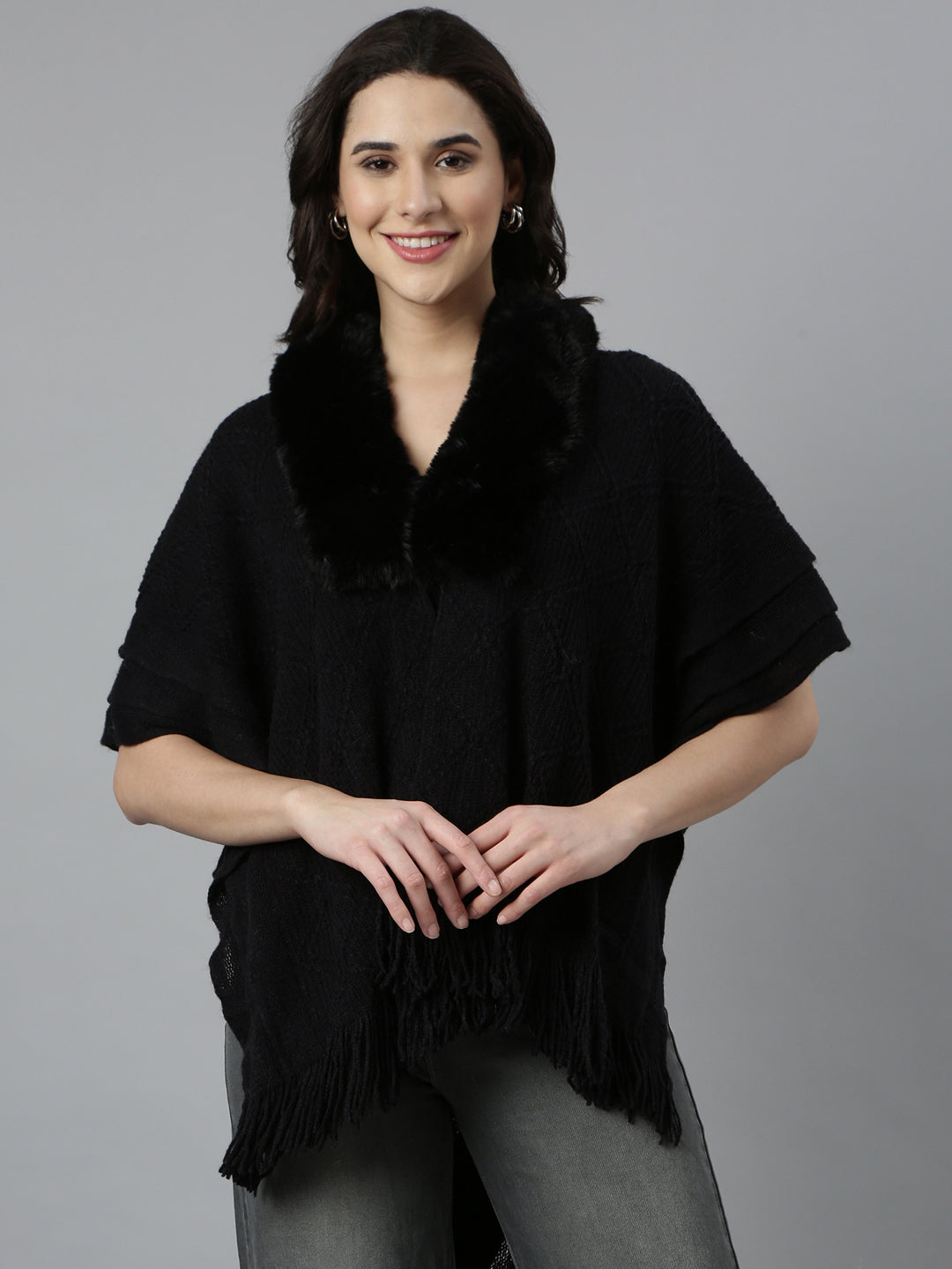 Women Chevron Longline Black Poncho