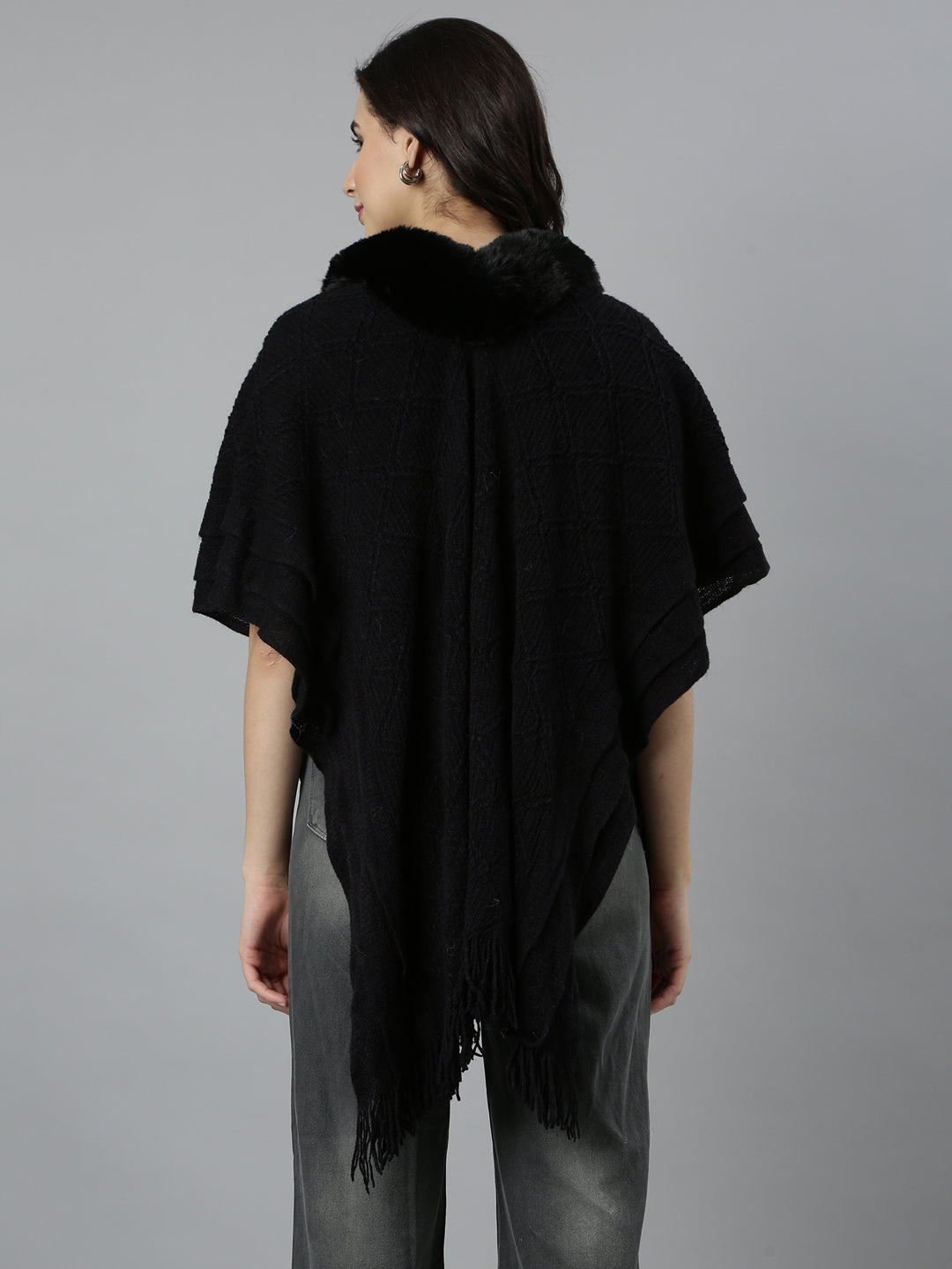 Women Chevron Longline Black Poncho