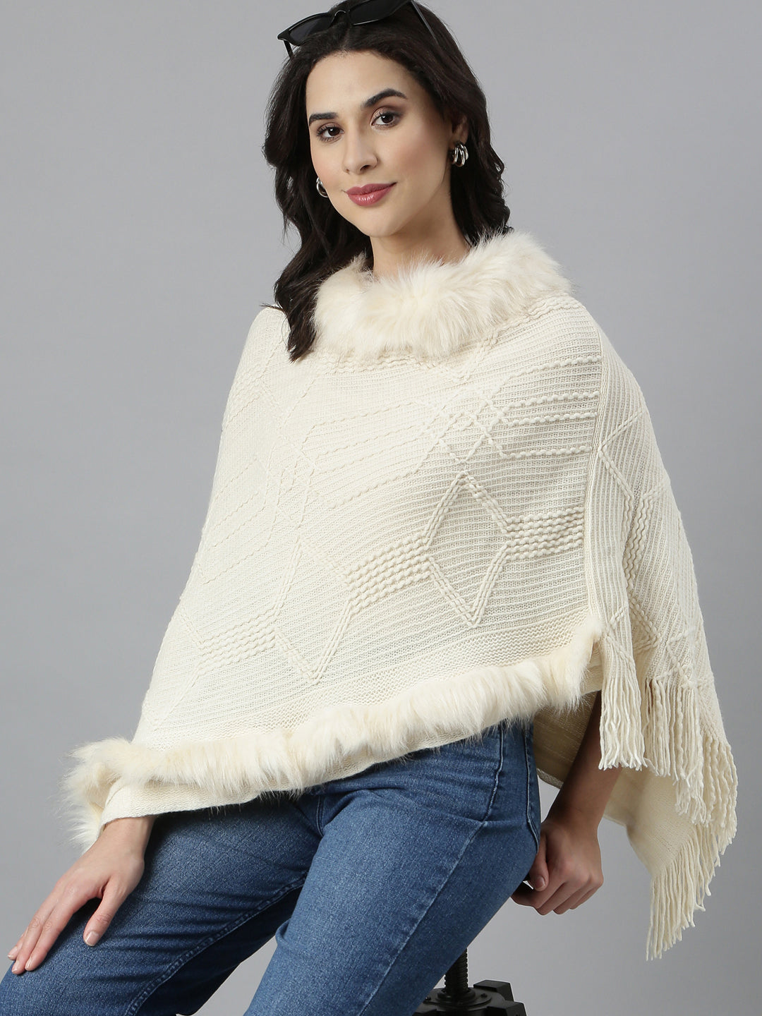 Women's Self Design Longline Cream Poncho