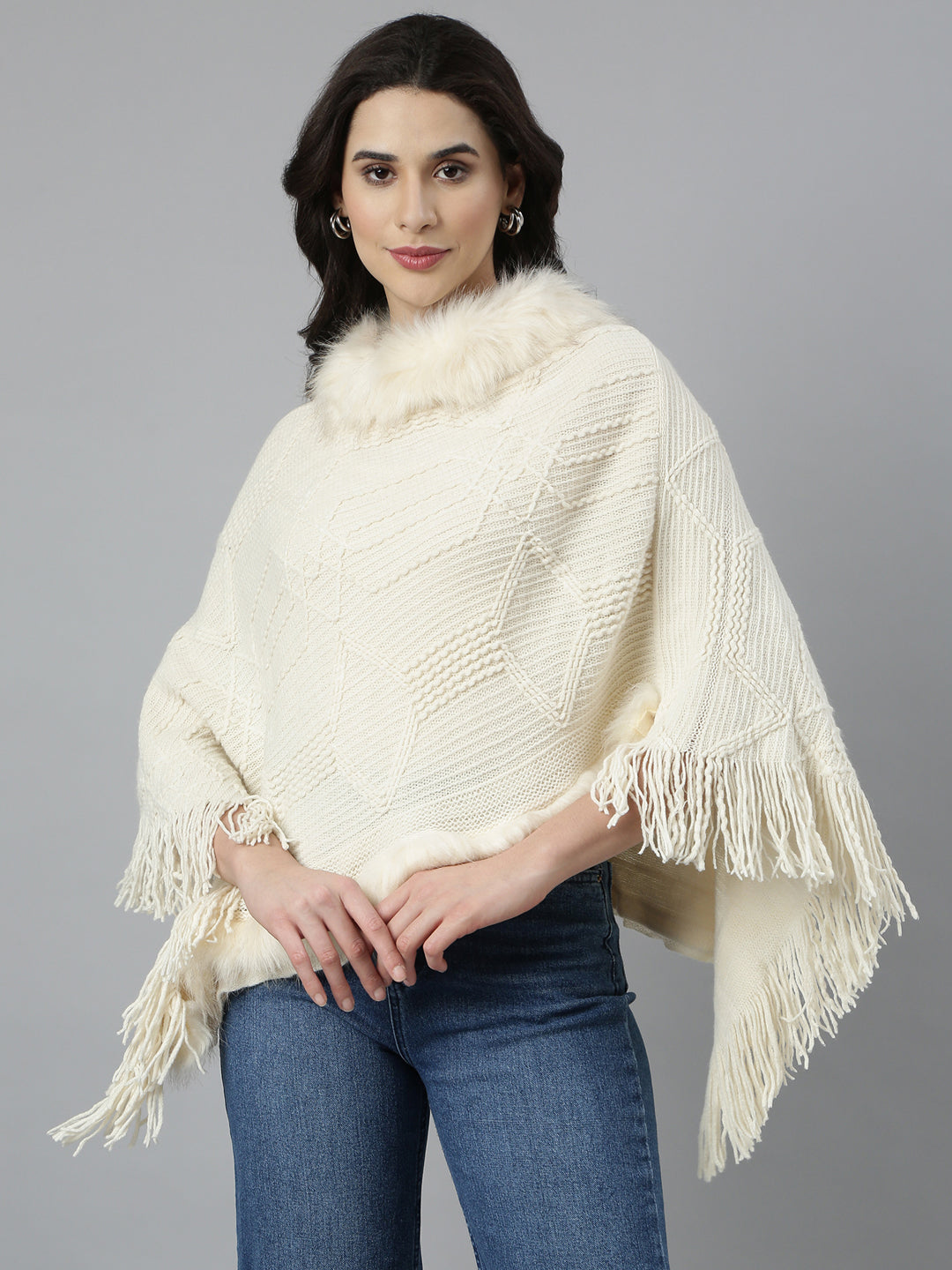 Women's Self Design Longline Cream Poncho