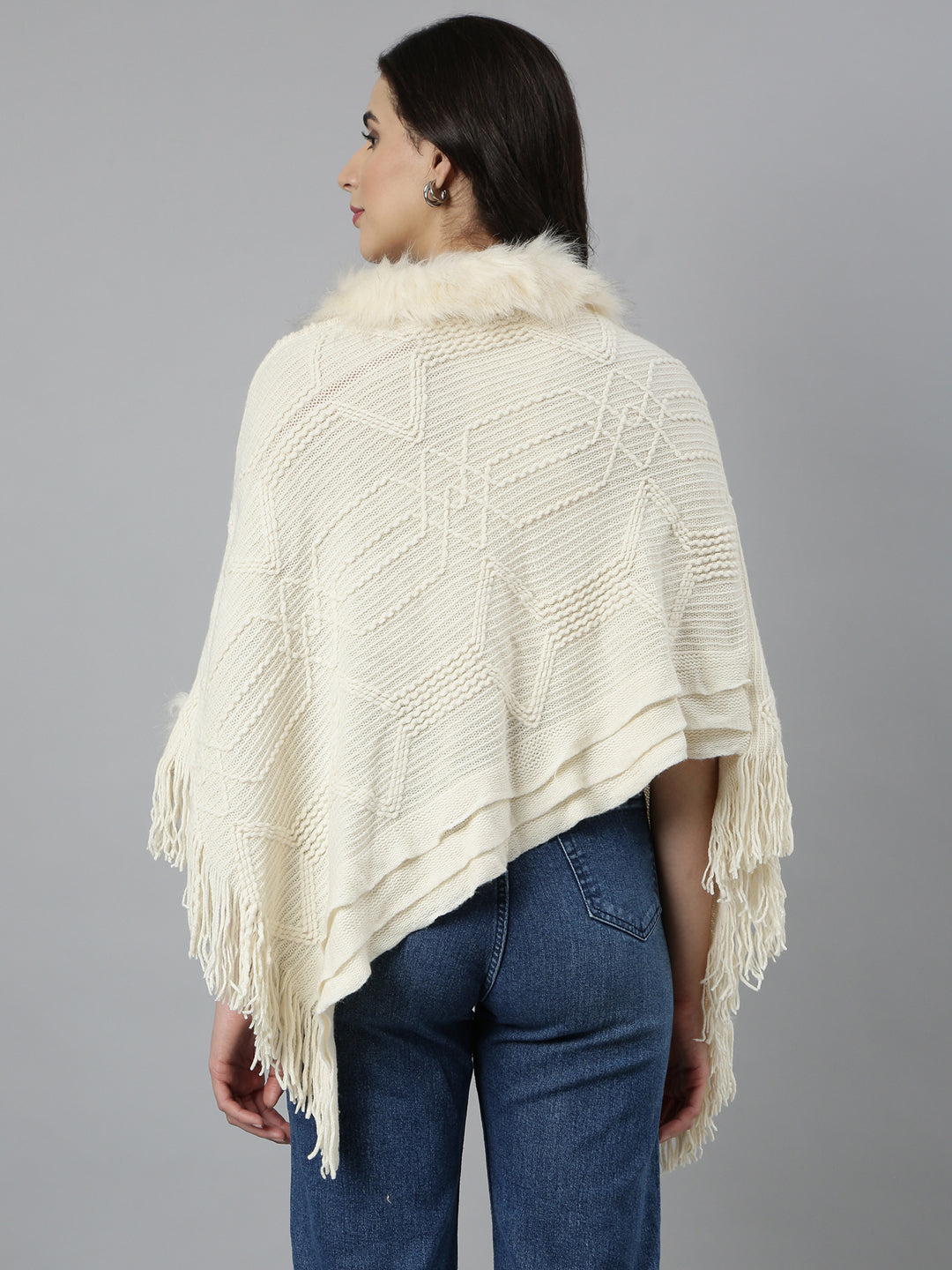 Women's Self Design Longline Cream Poncho