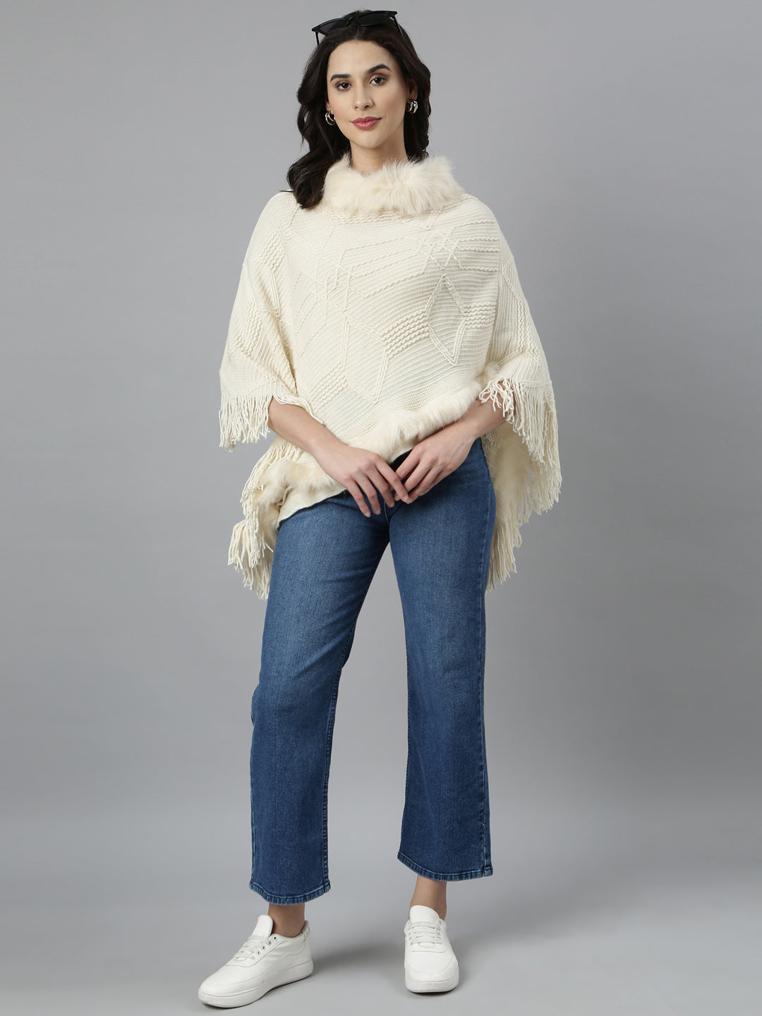 Women's Self Design Longline Cream Poncho