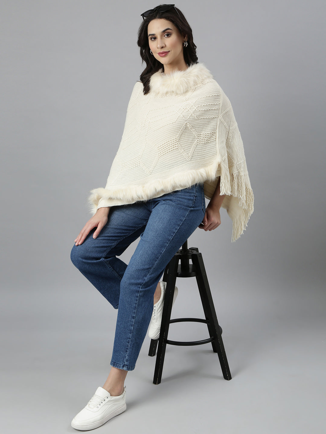 Women's Self Design Longline Cream Poncho