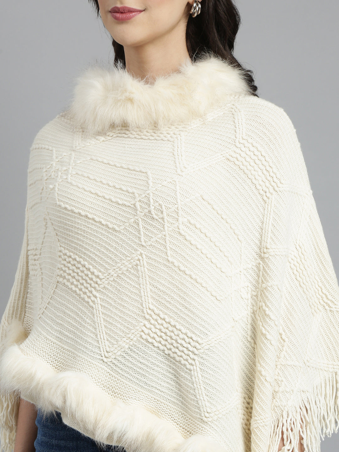 Women's Self Design Longline Cream Poncho