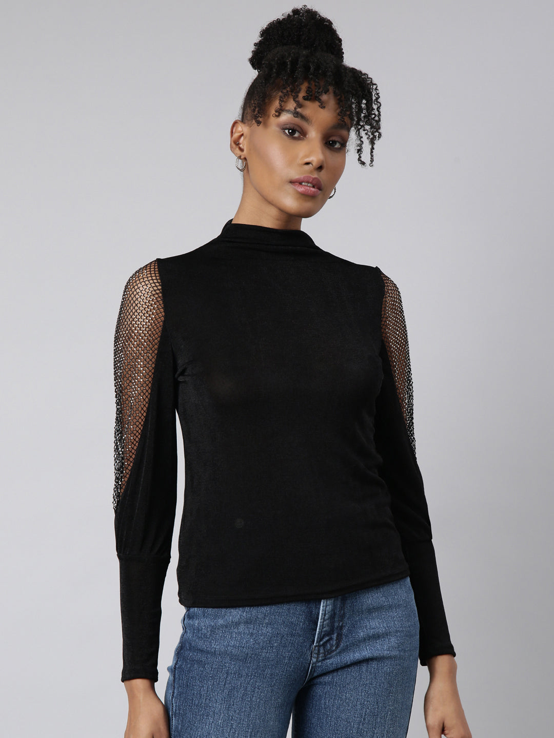 Women Black Solid Fitted Top