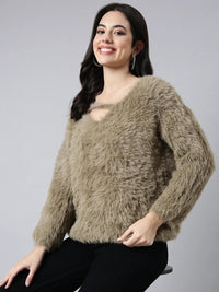 Women's Beige Self Design V-Neck Top