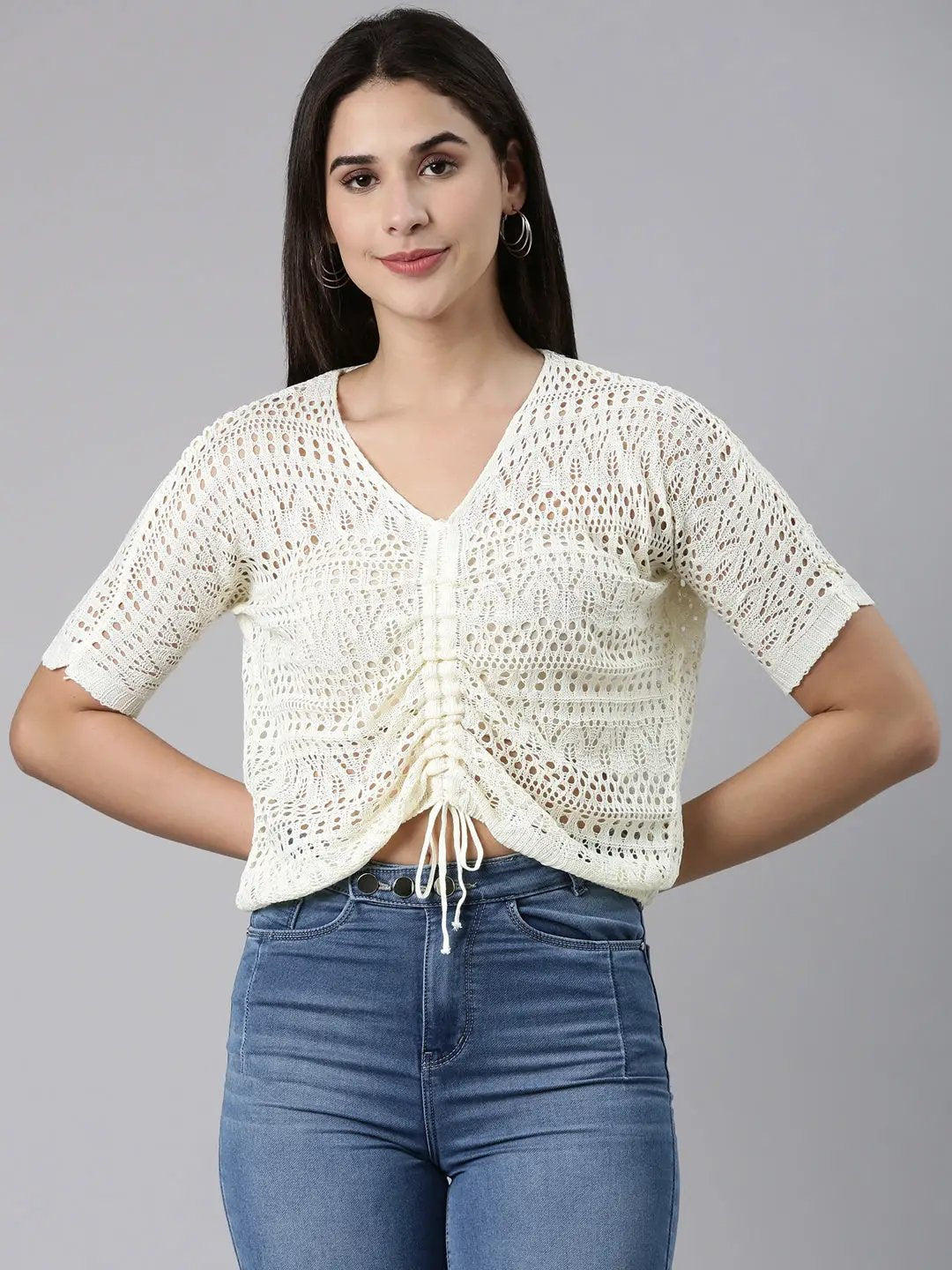 Women's V-Neck Self Design Regular Cream Top