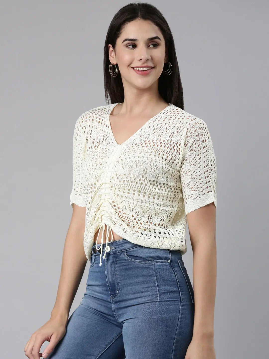Women's V-Neck Self Design Regular Cream Top