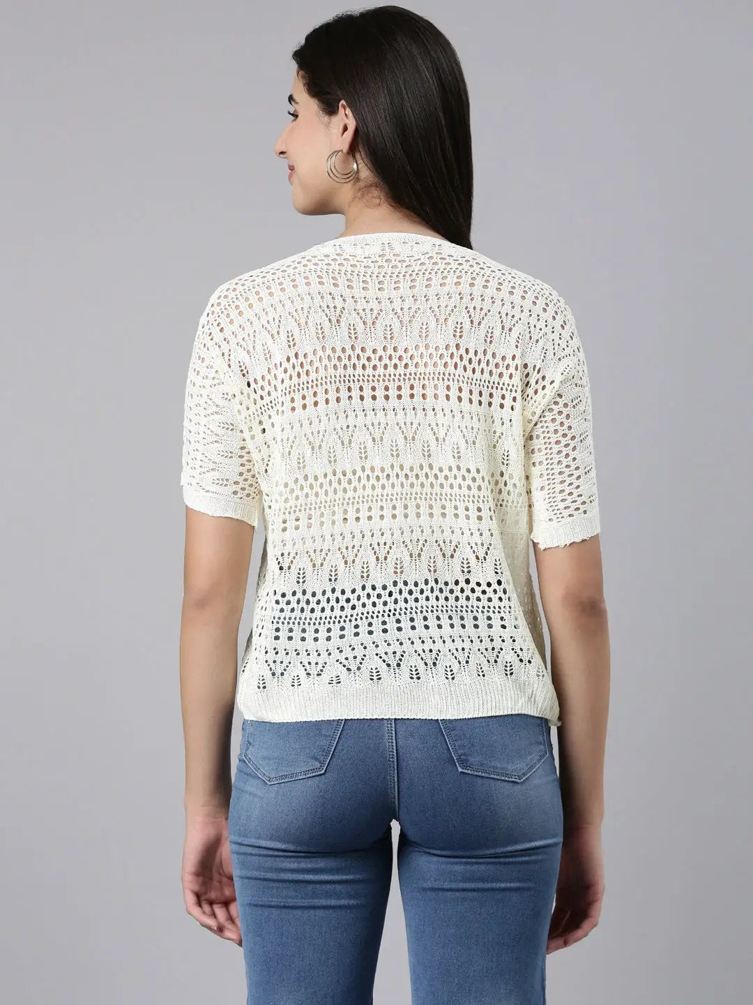Women's V-Neck Self Design Regular Cream Top