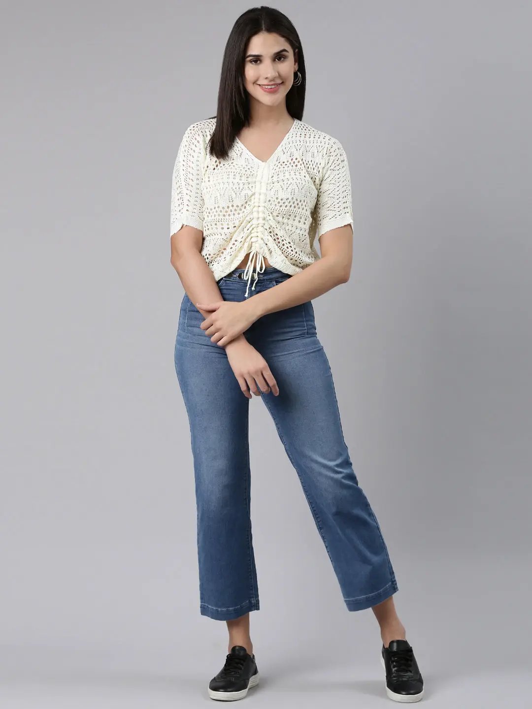 Women's V-Neck Self Design Regular Cream Top