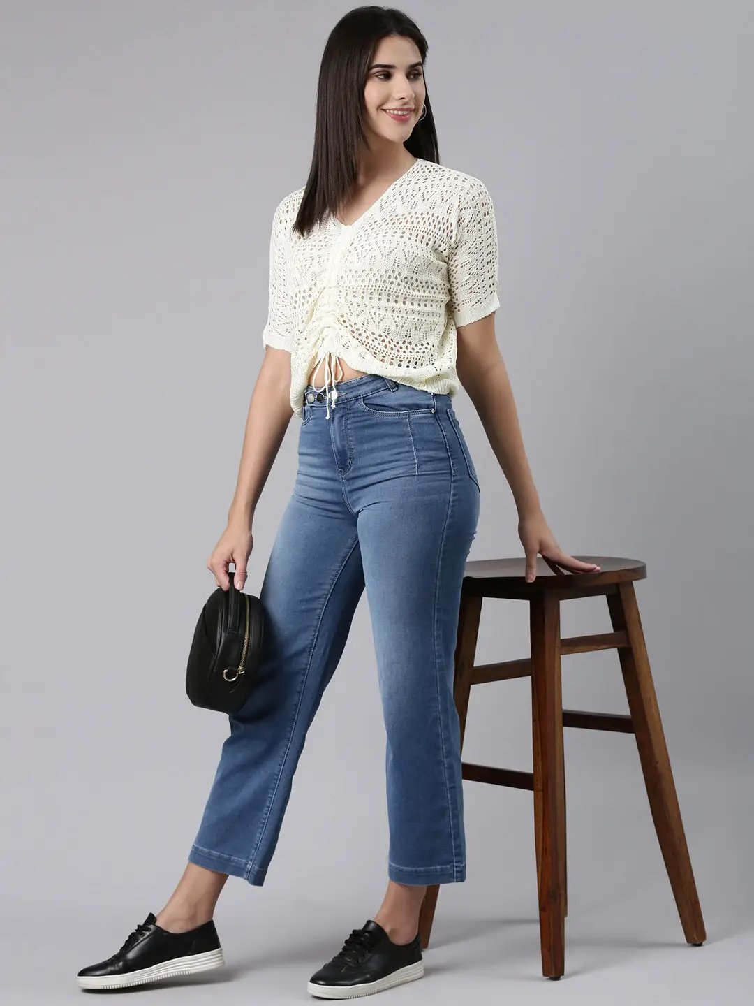 Women's V-Neck Self Design Regular Cream Top