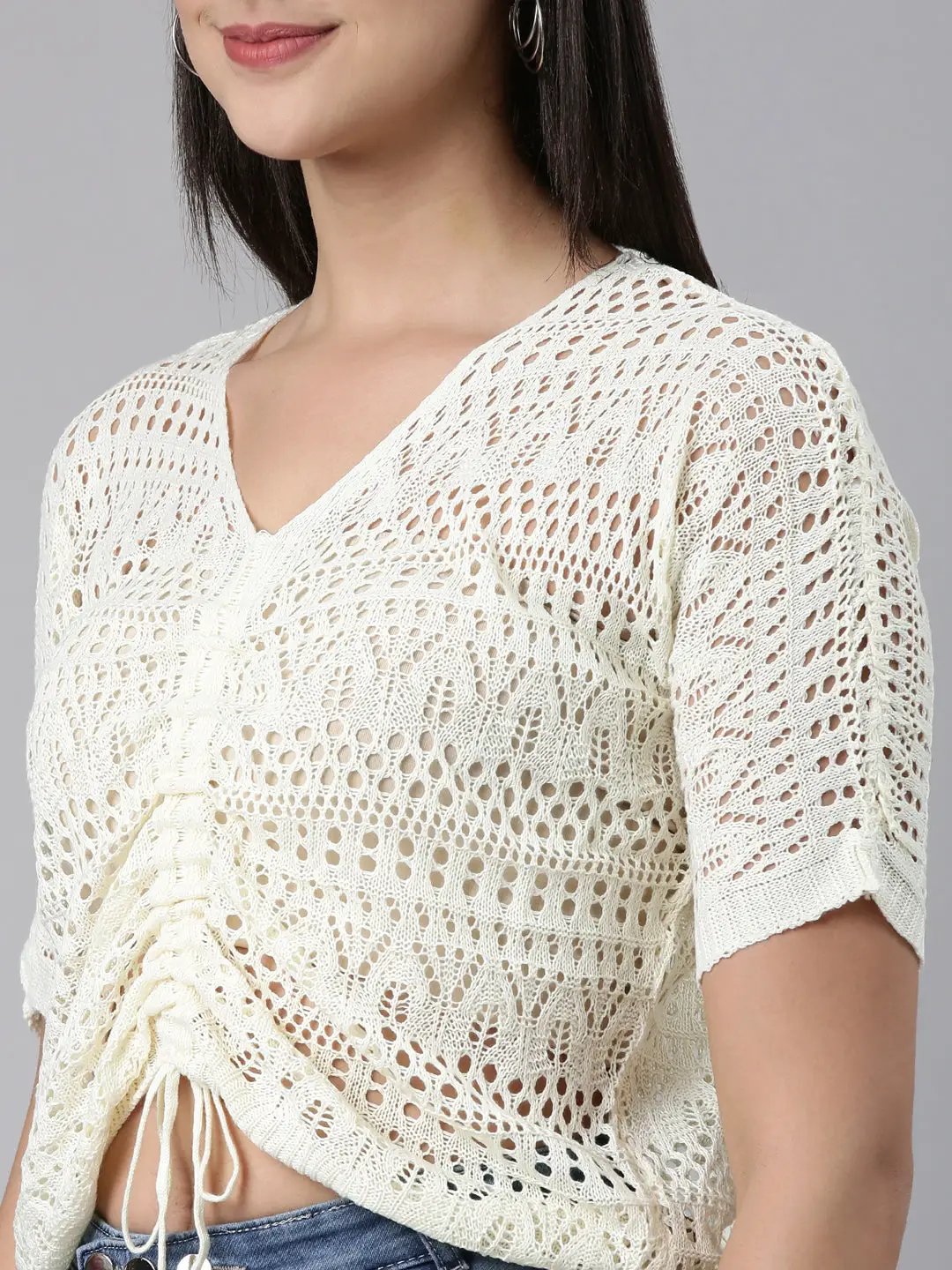 Women's V-Neck Self Design Regular Cream Top