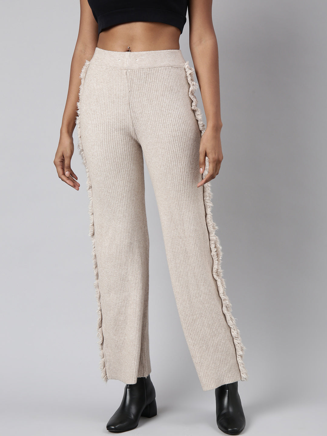 Women Solid Beige Parallel Trousers