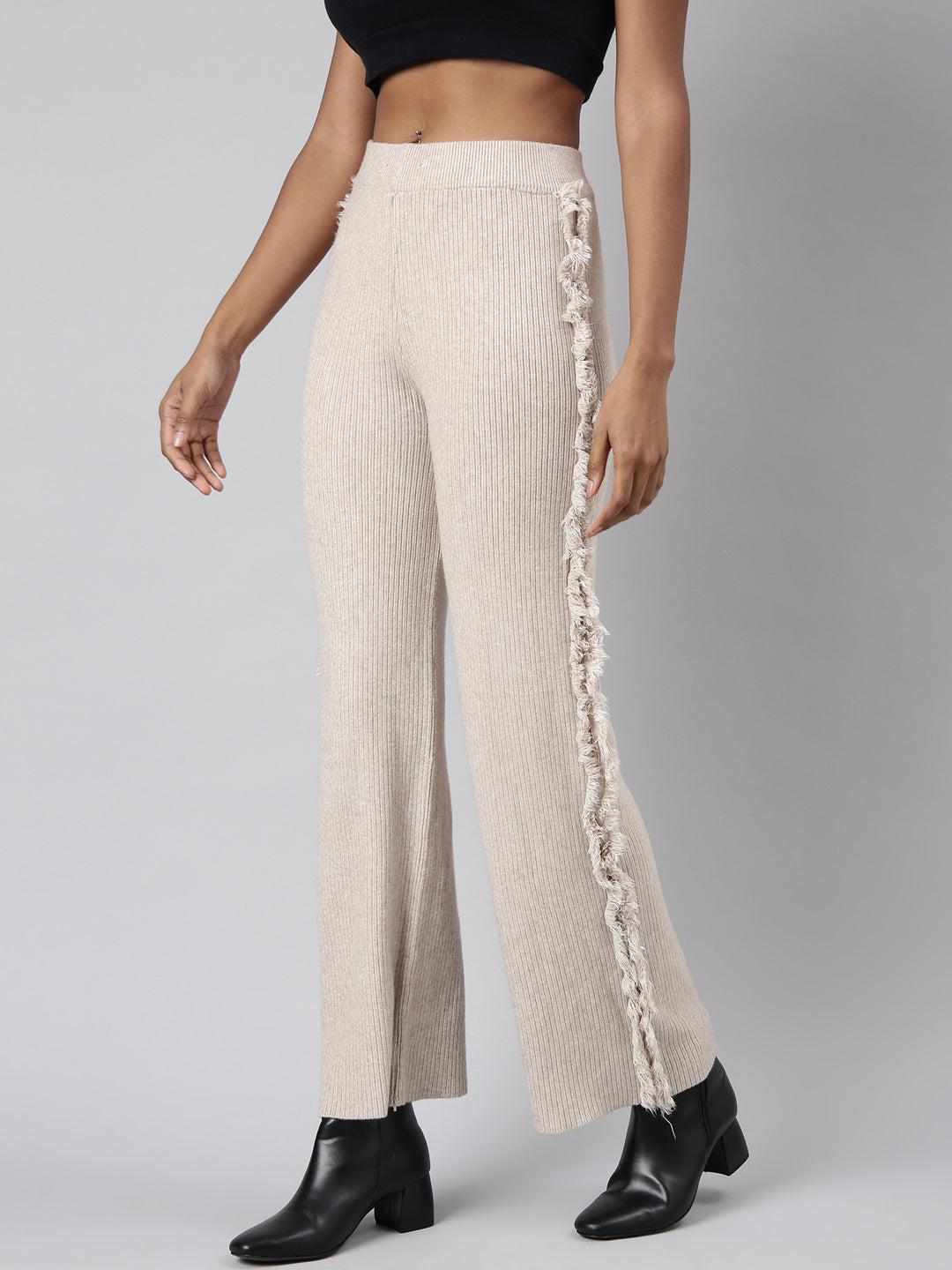 Women Solid Beige Parallel Trousers