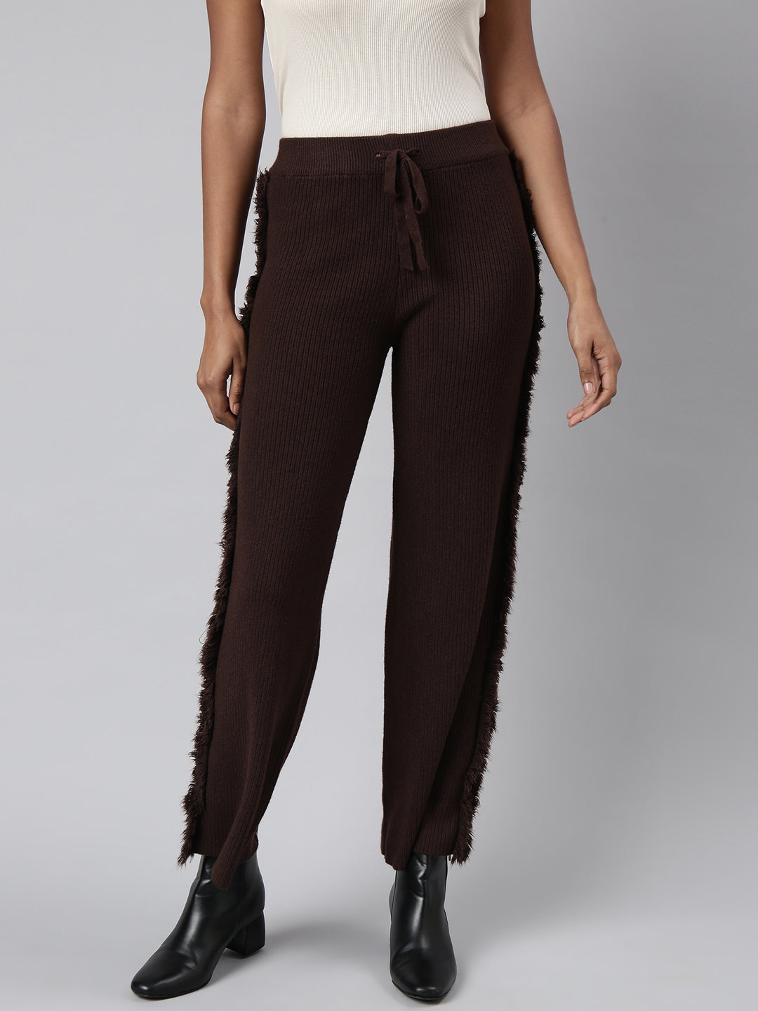 Women Solid Brown Parallel Trousers