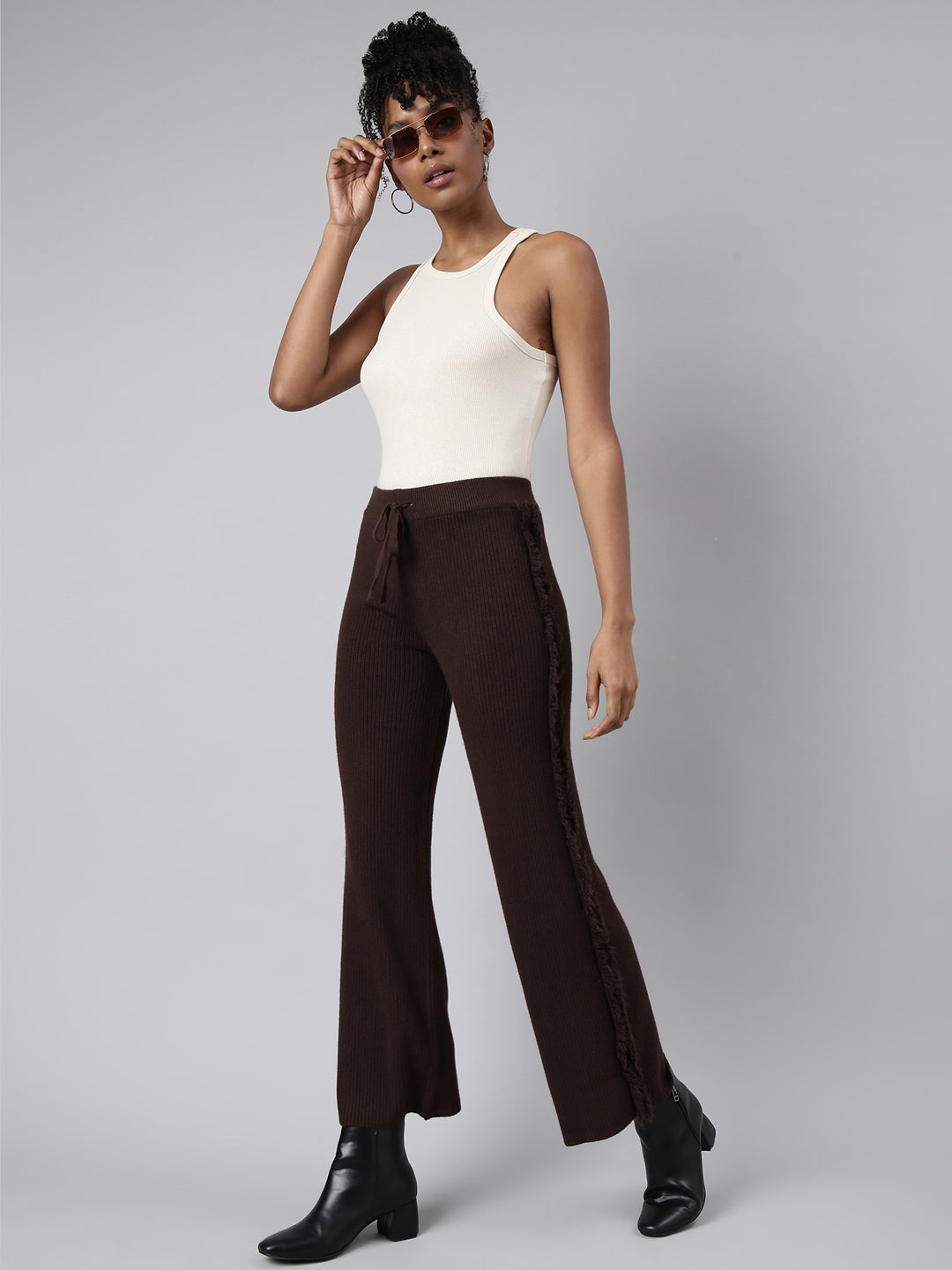 Women Solid Brown Parallel Trousers