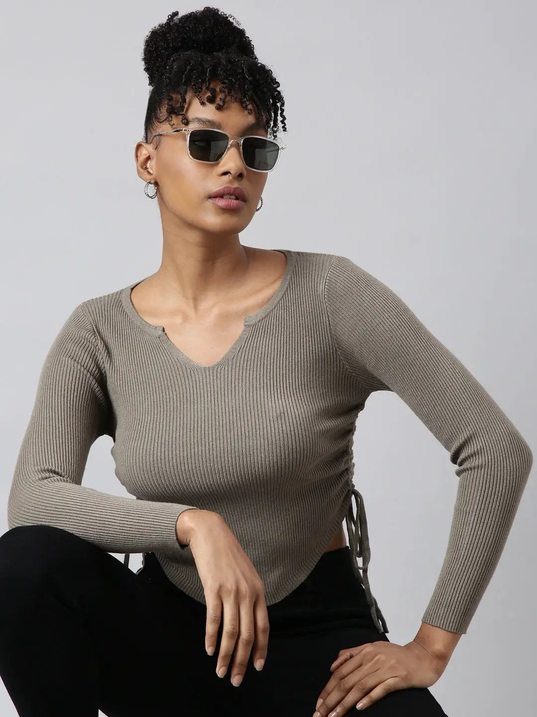 Women's Olive Solid Fitted Top