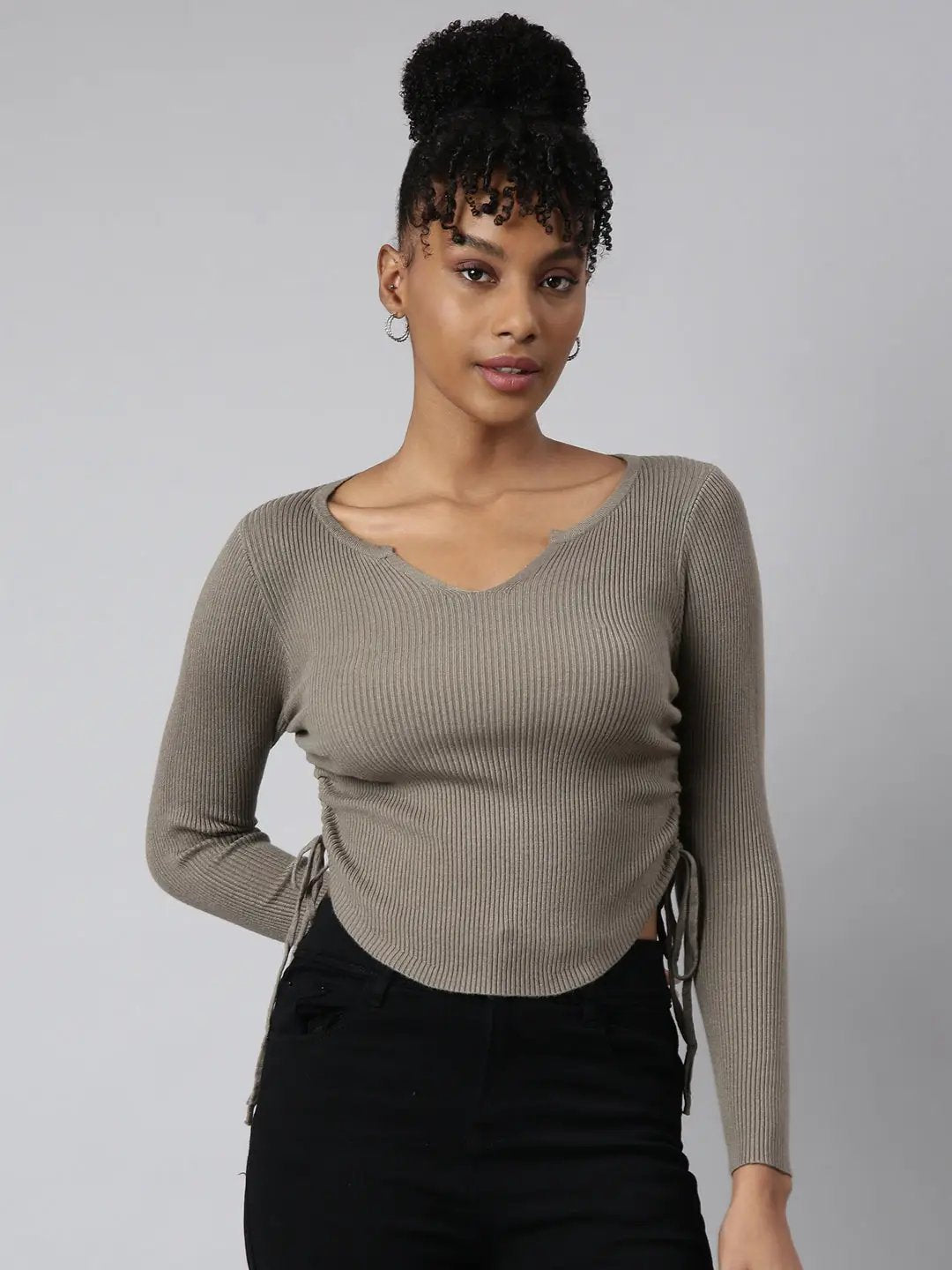 Women's Olive Solid Fitted Top