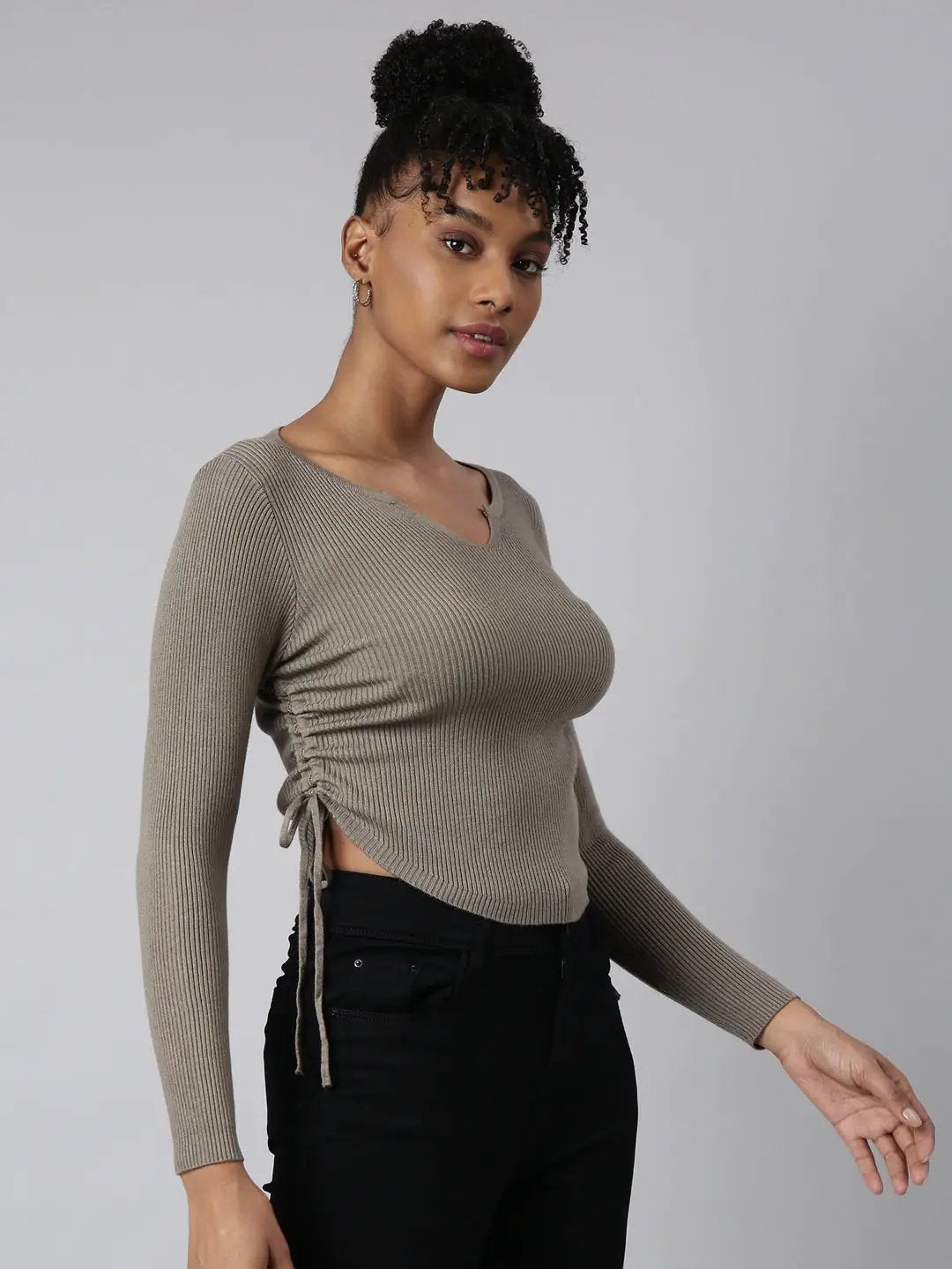 Women's Olive Solid Fitted Top