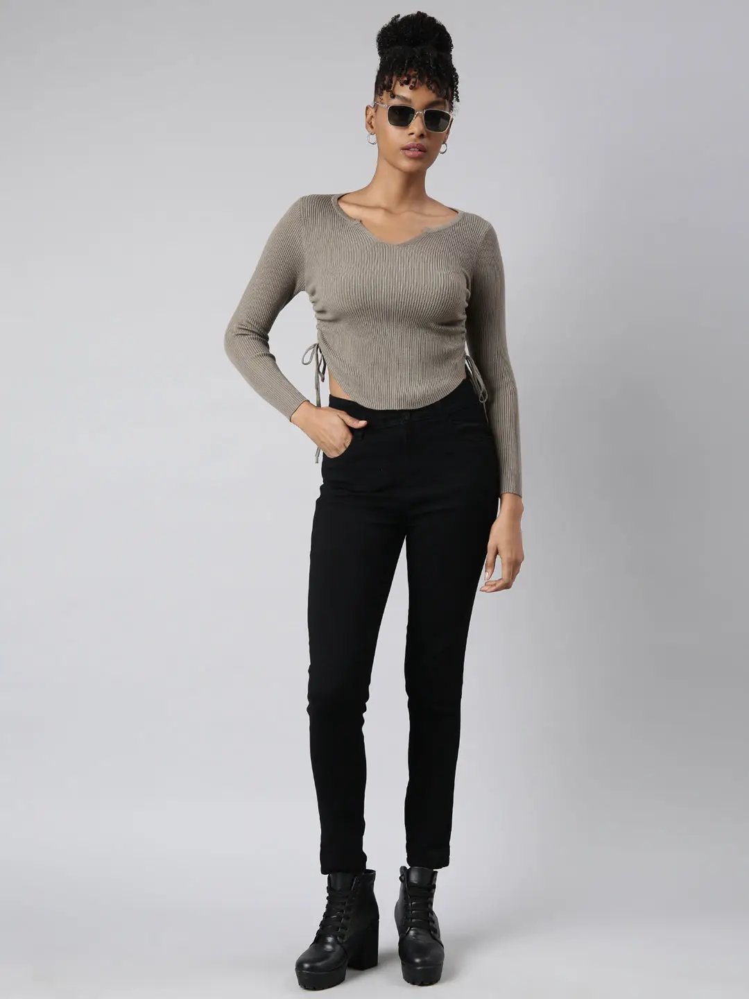 Women's Olive Solid Fitted Top