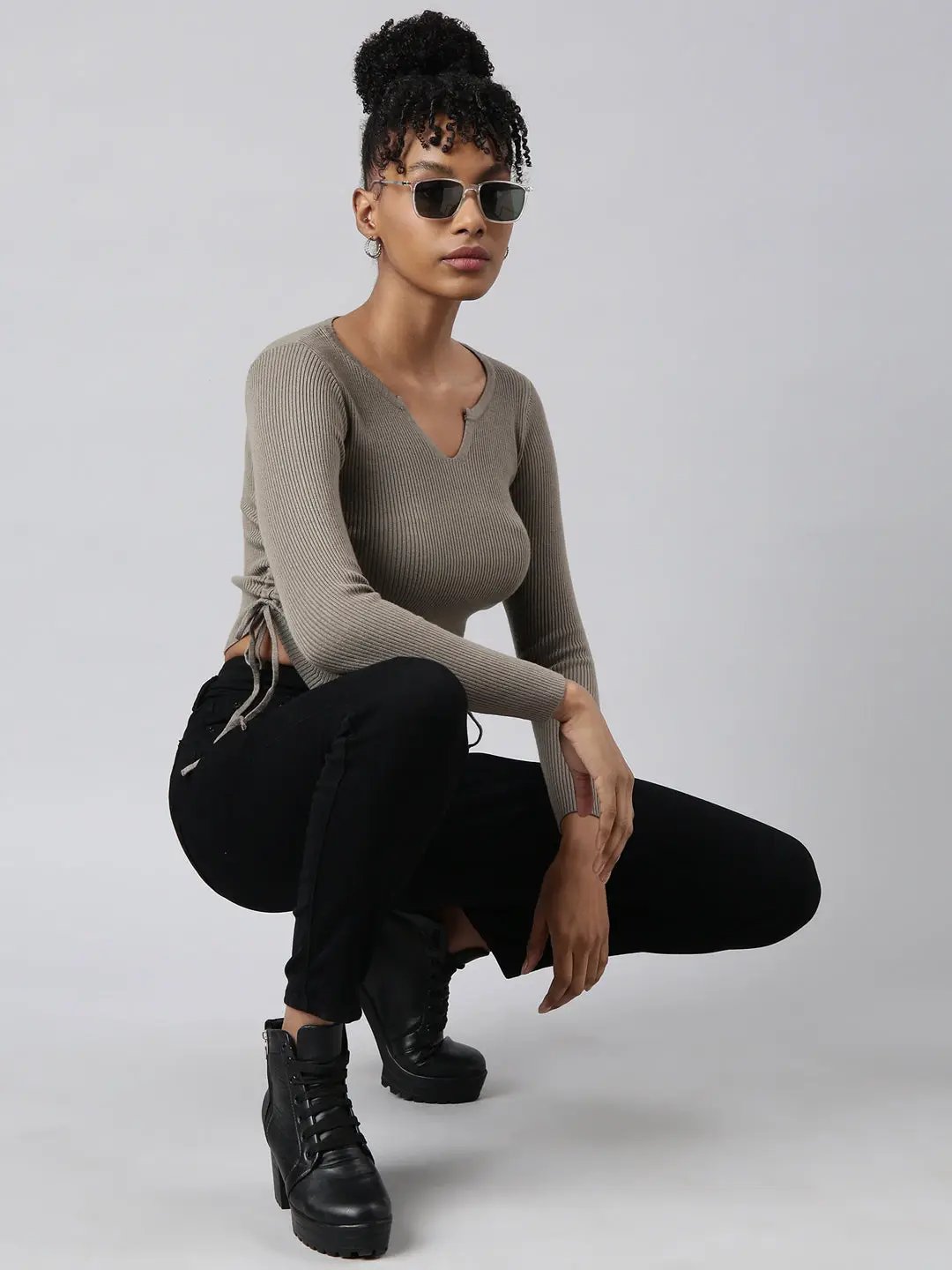 Women's Olive Solid Fitted Top